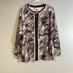 CJ Banks 2X - light weight zipper front long sleeve top, Patterned in mauves